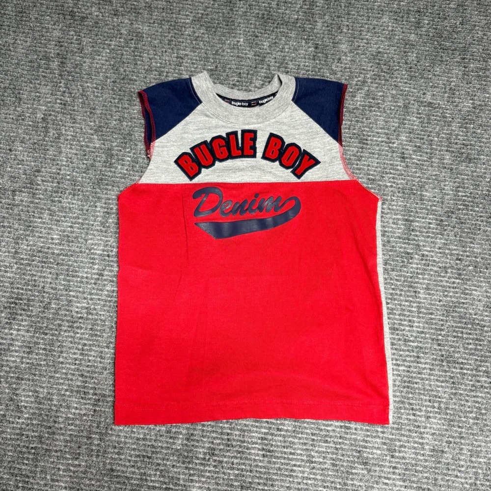 Boys Bugle Boy Denim Tank‎ Top Red Gray Blue Graphic Print Sleeveless Size 7